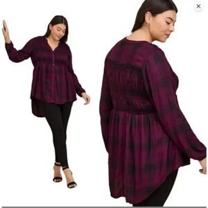 Torrid "Milly"  Purple & Black Plaid Smocked Detail Tunic Button Up Top size 1X